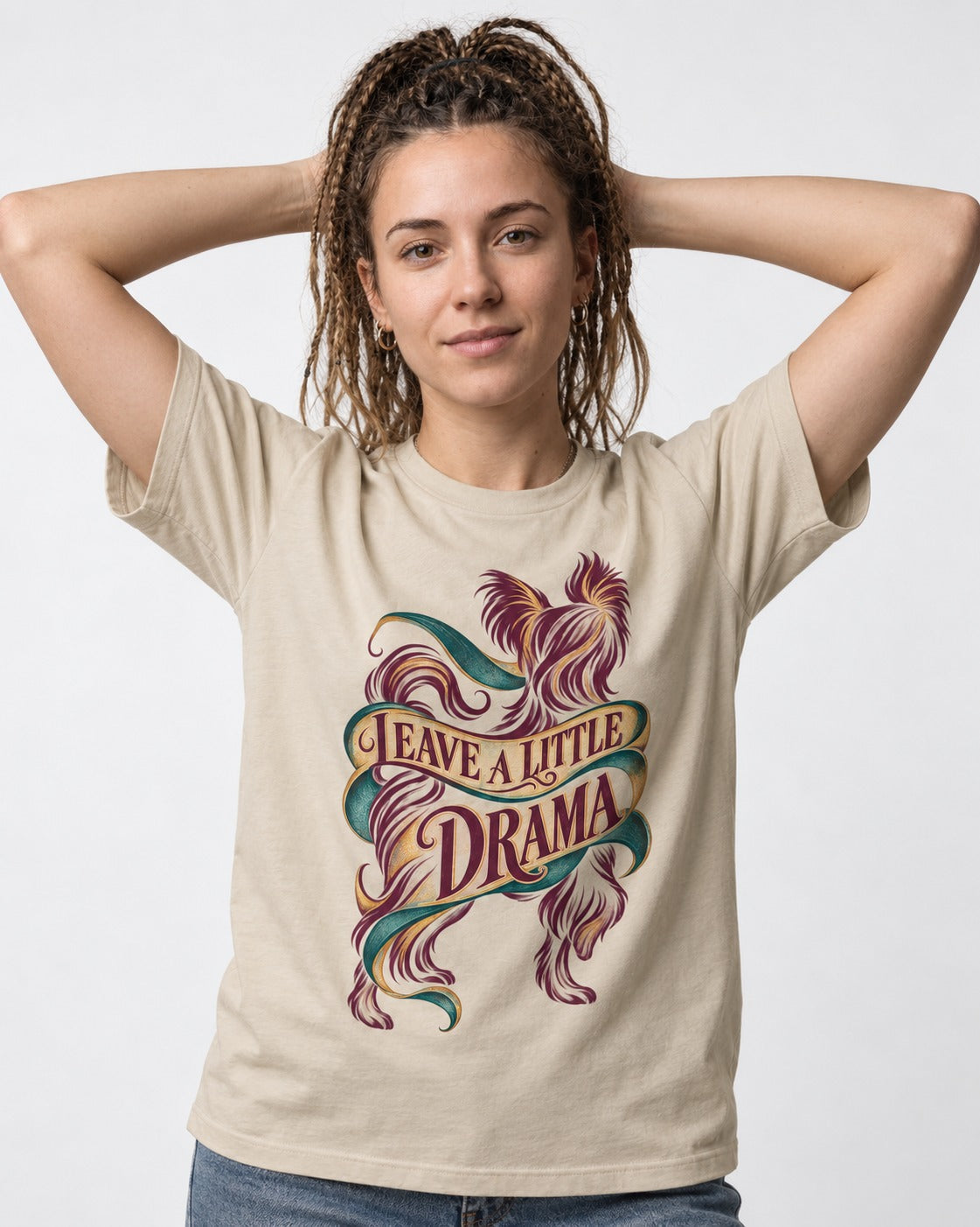 Leave a Little Drama Yorkshire Terrier T-Shirt in Sand, worn by a model