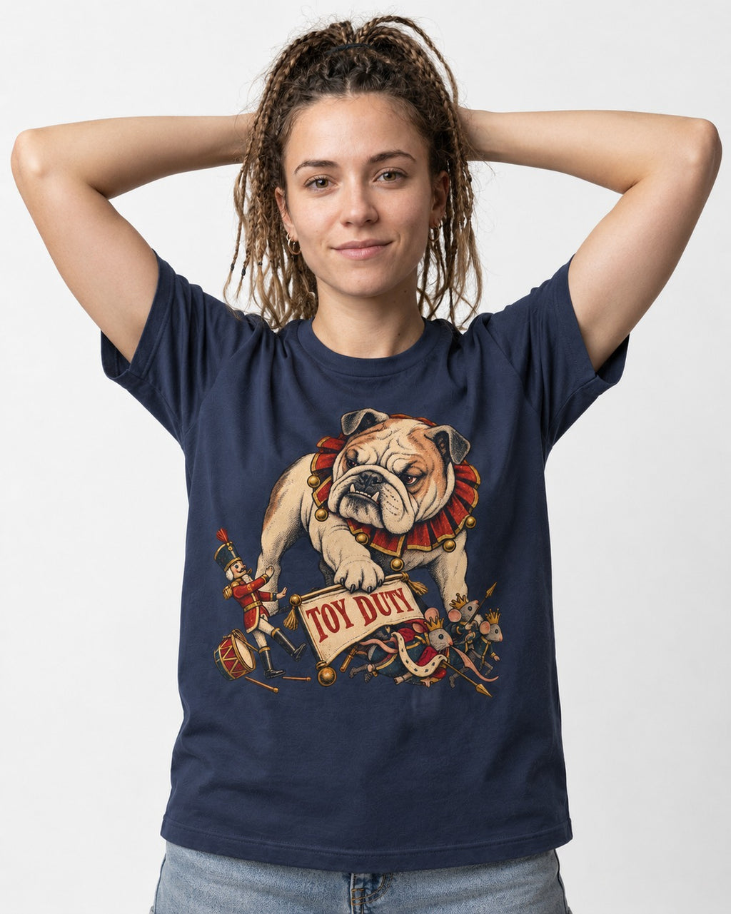 English Bulldog Toy Duty Nutcracker Mice T-Shirt in Navy, worn by a model