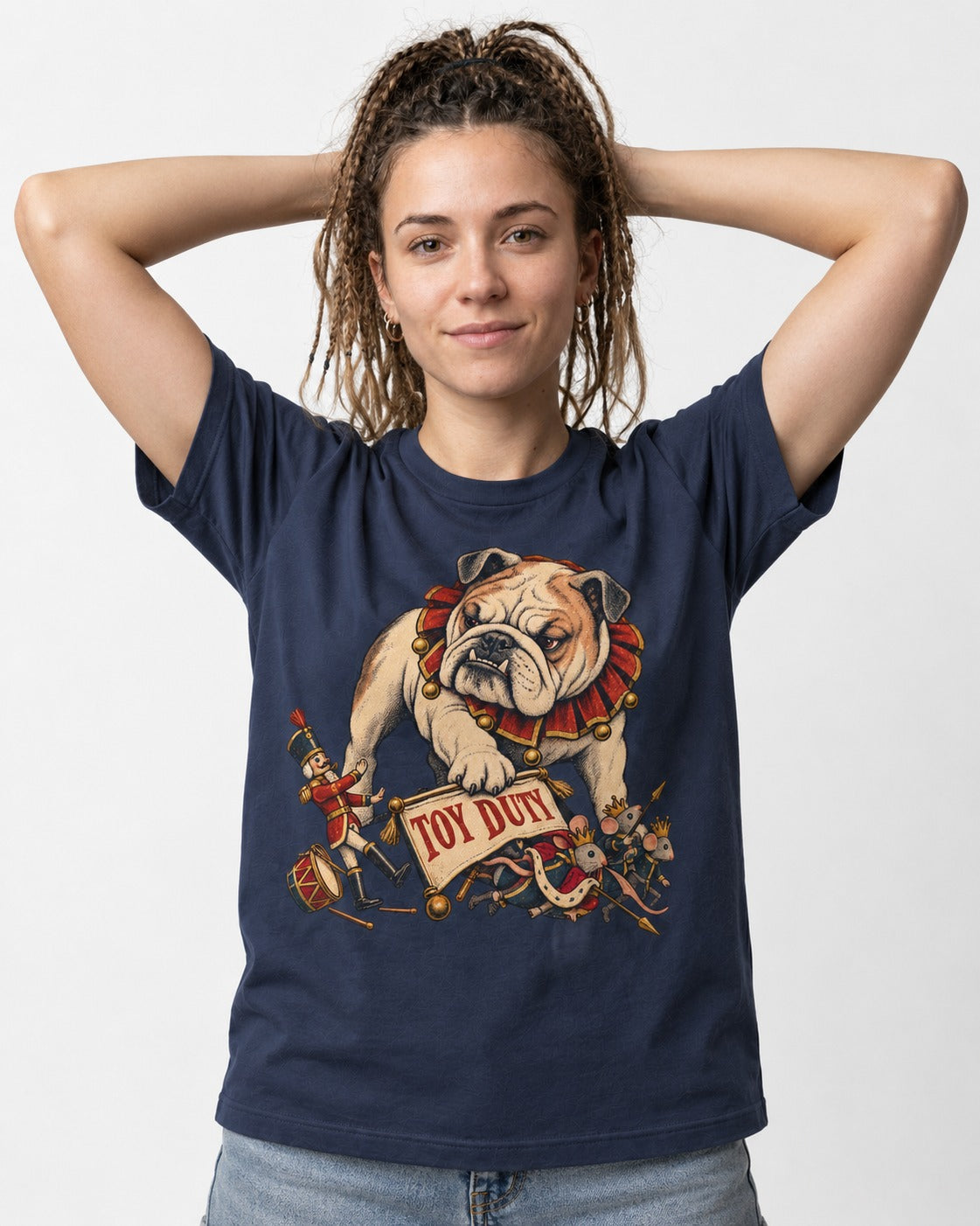 English Bulldog Toy Duty Nutcracker Mice T-Shirt in Navy, worn by a model