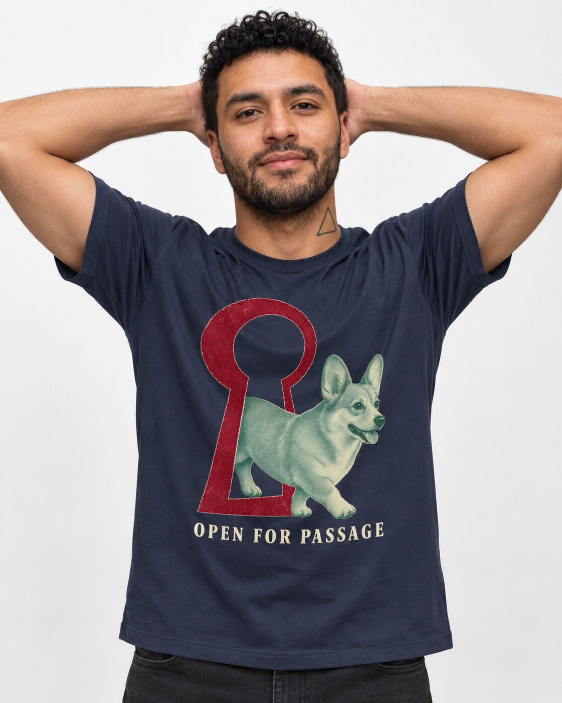 Corgi Open for Passage Keyhole Graphic T-Shirt in Navy, worn by a model