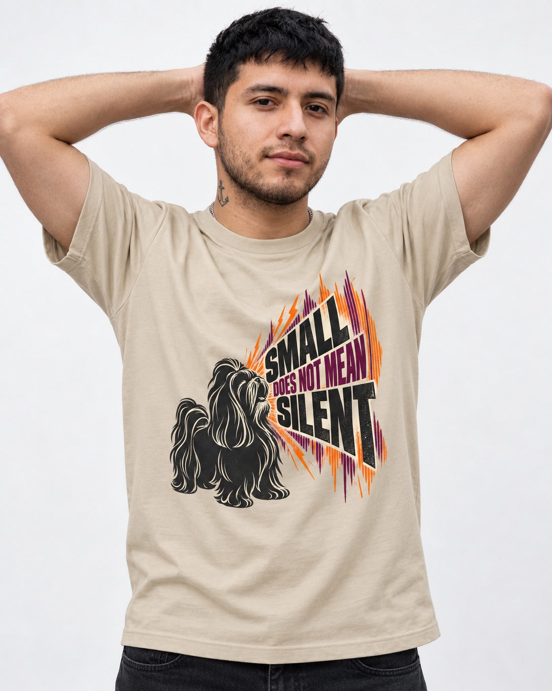 Small Not Silent Shih Tzu T-Shirt in Sand, worn by a model
