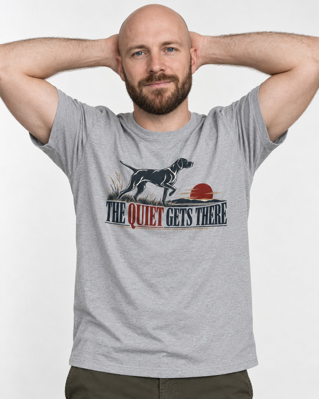 The Quiet Gets There German Shorthaired Pointer T-Shirt in Sport Grey, worn by a model