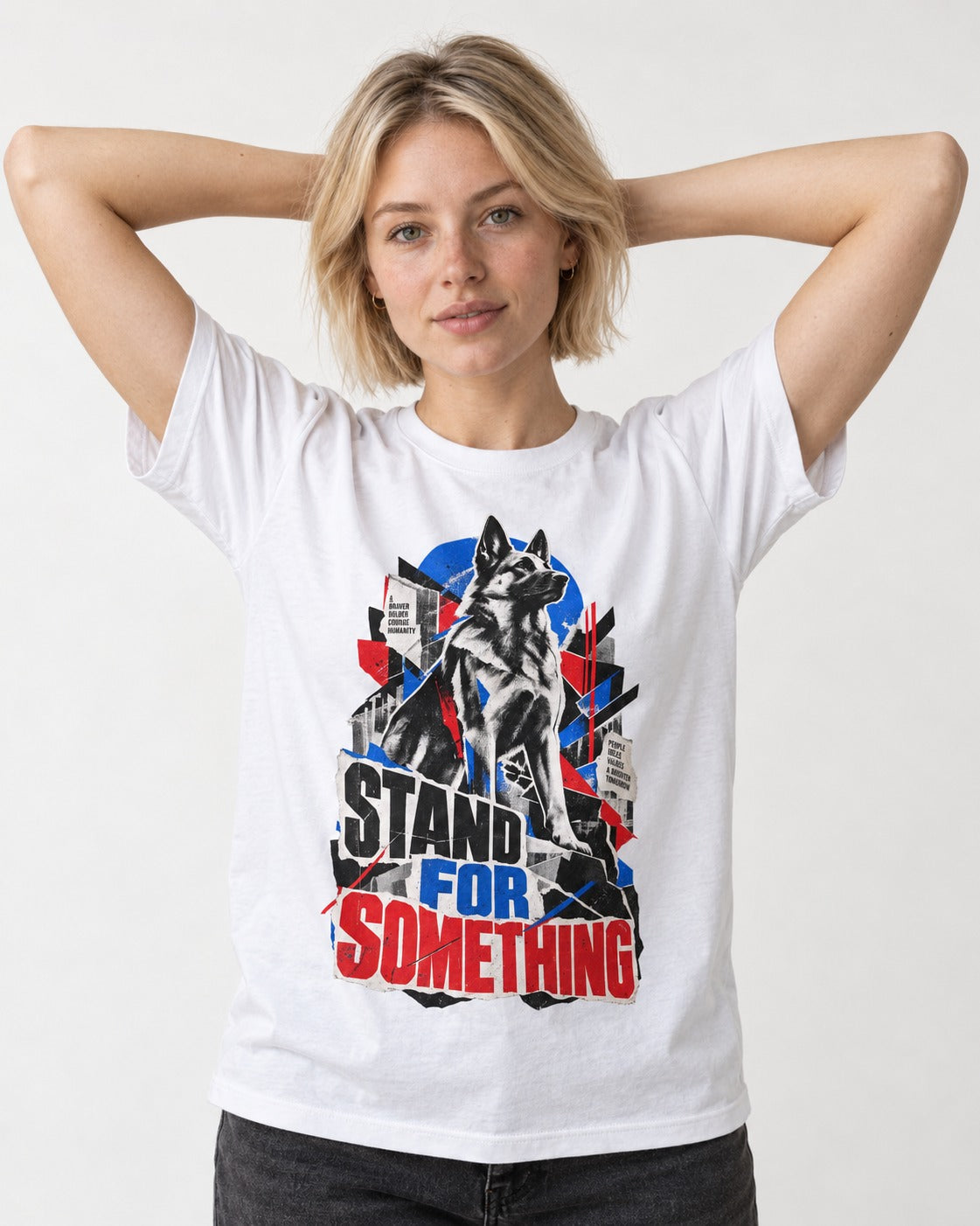 Stand For Something Brutalist Collage German Shepherd Dog Graphic T-Shirt in White, worn by a model
