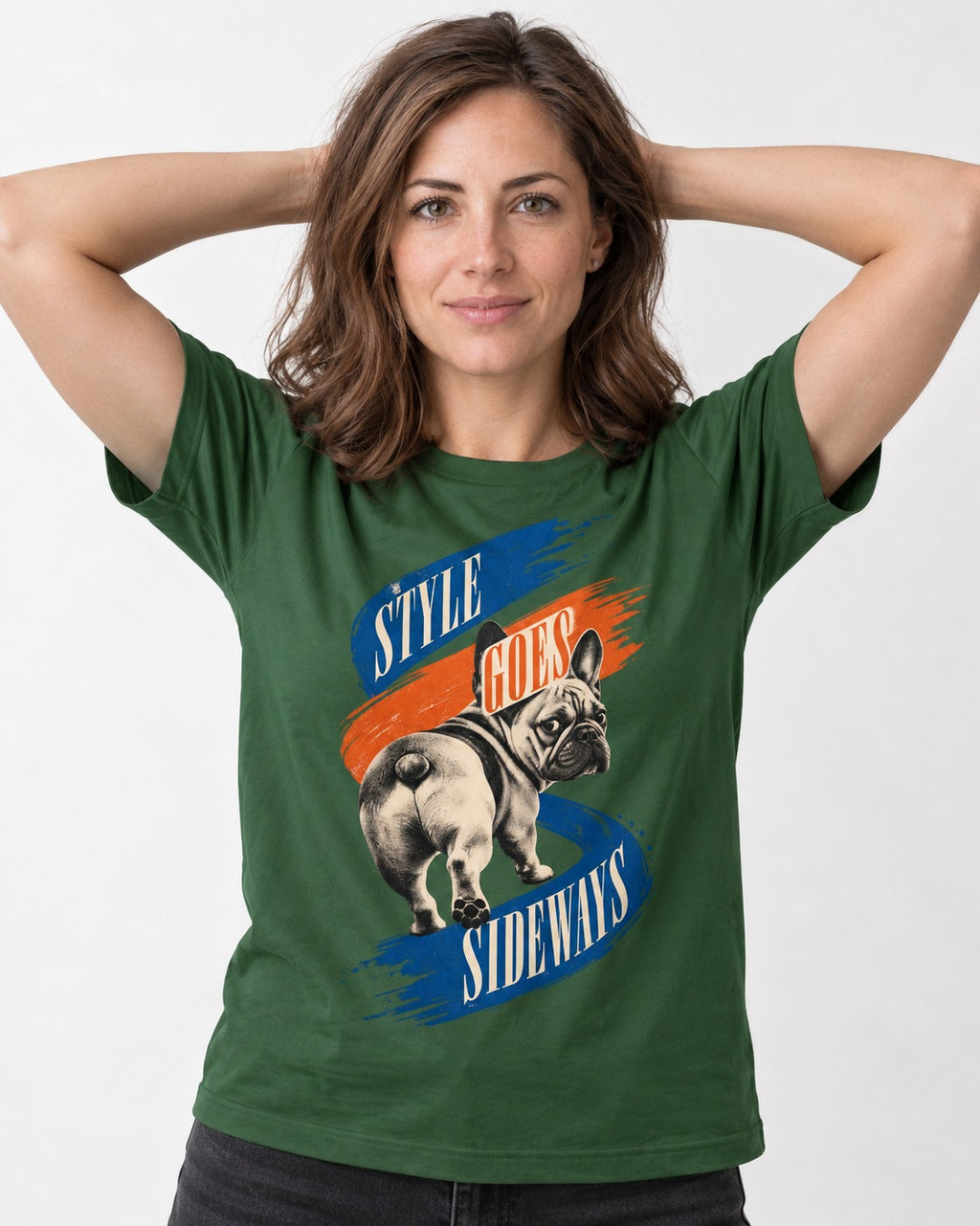 Frenchie Style Goes Sideways Graphic T-Shirt in Forest Green, worn by a model