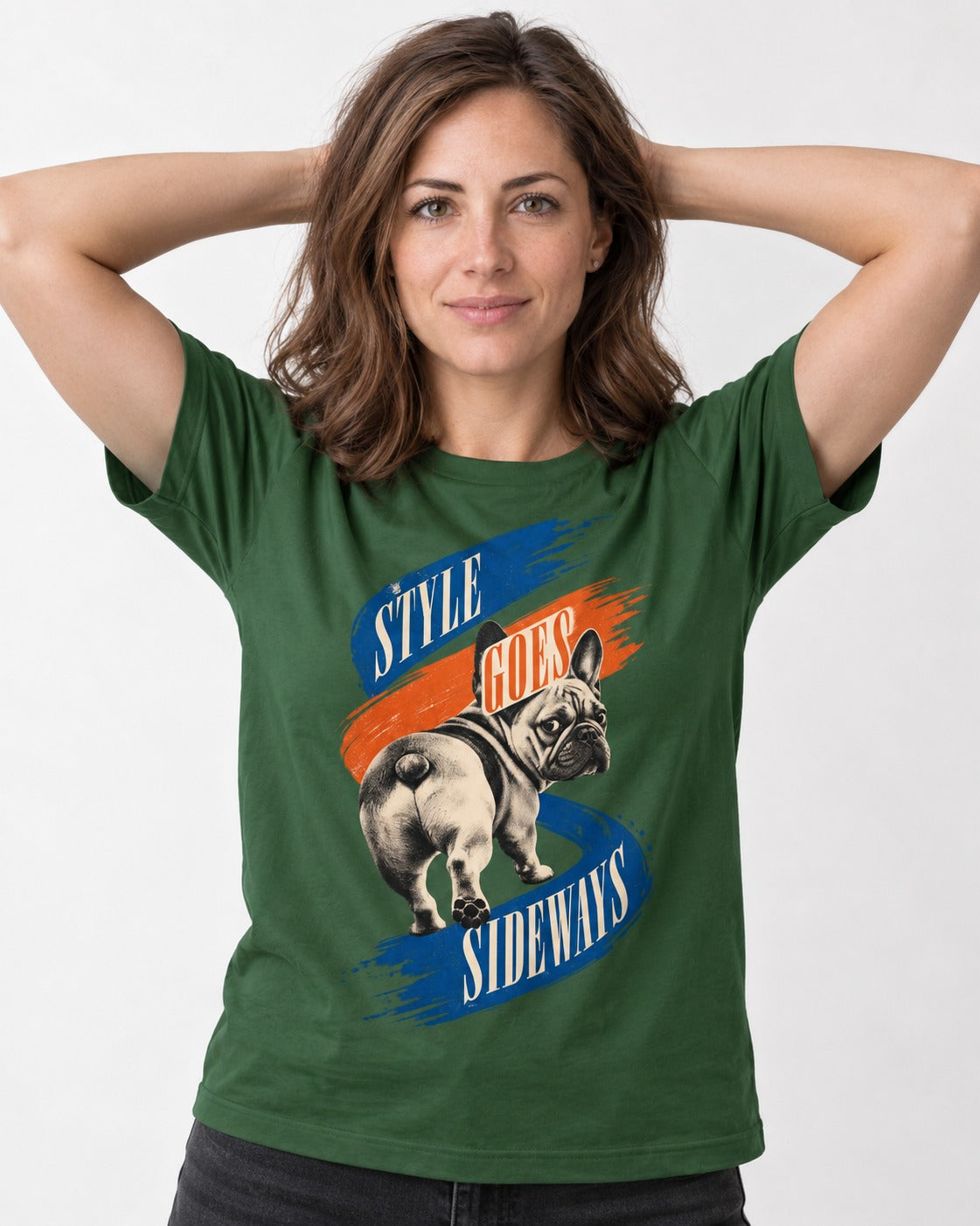 Frenchie Style Goes Sideways Graphic T-Shirt in Forest Green, worn by a model