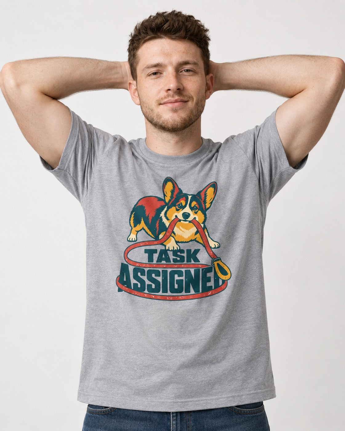 Corgi Task Assigned T-Shirt in Sport Grey, worn by a model