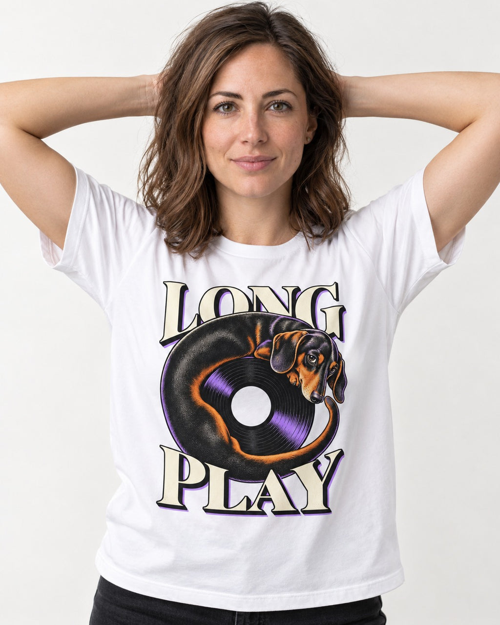 Dachshund Long Play Vinyl Record Graphic T-Shirt in White, worn by a model
