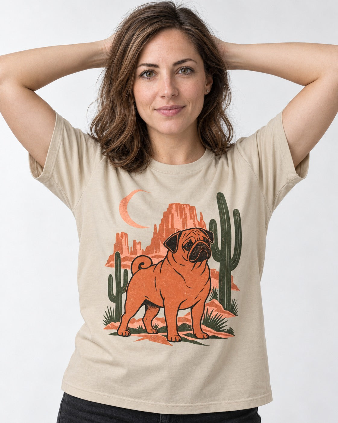 Pug Wild at Heart T-Shirt in Sand, worn by a model