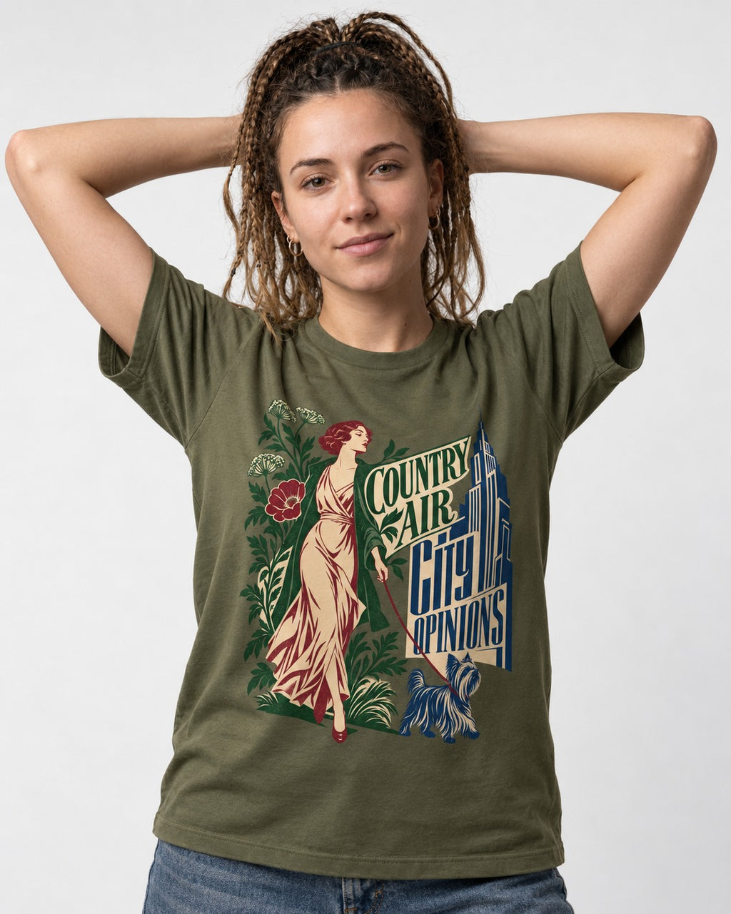Yorkshire Terrier Country Air City Opinions Botanical Graphic T-Shirt in Heather Military Green, worn by a model