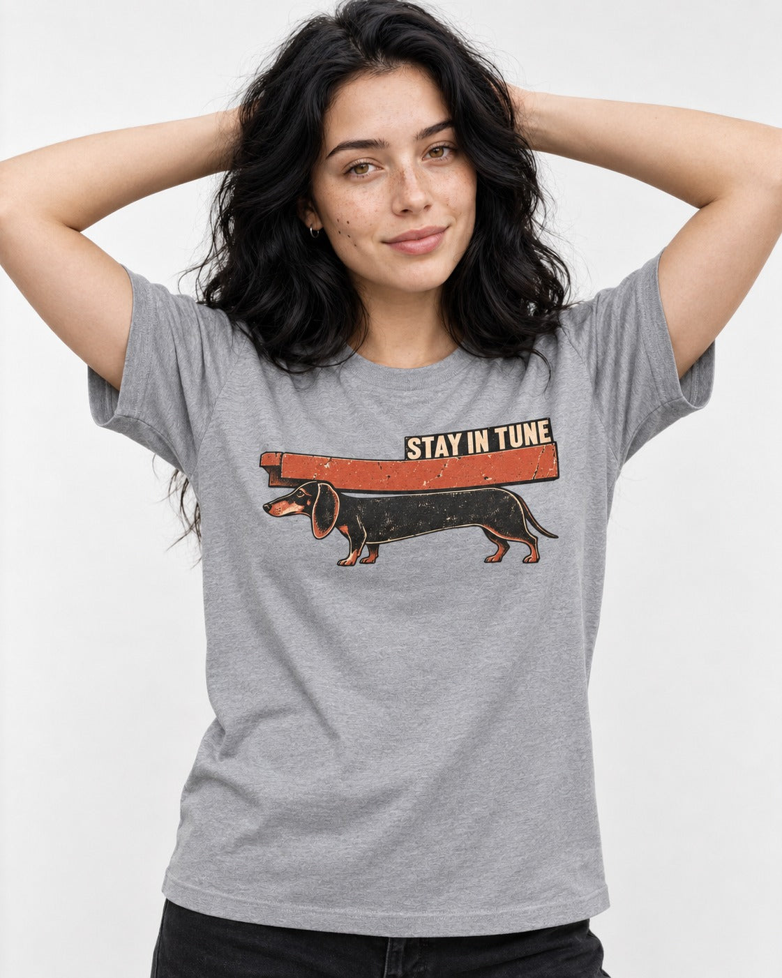 Dachshund Stay in Tune T-Shirt in Sport Grey, worn by a model