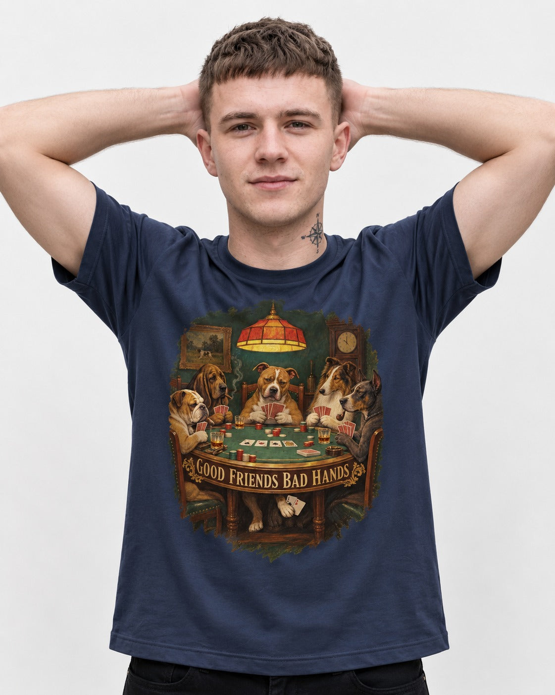 Pitbull Good Friends Bad Hands Poker Night Graphic T-Shirt in Navy, worn by a model