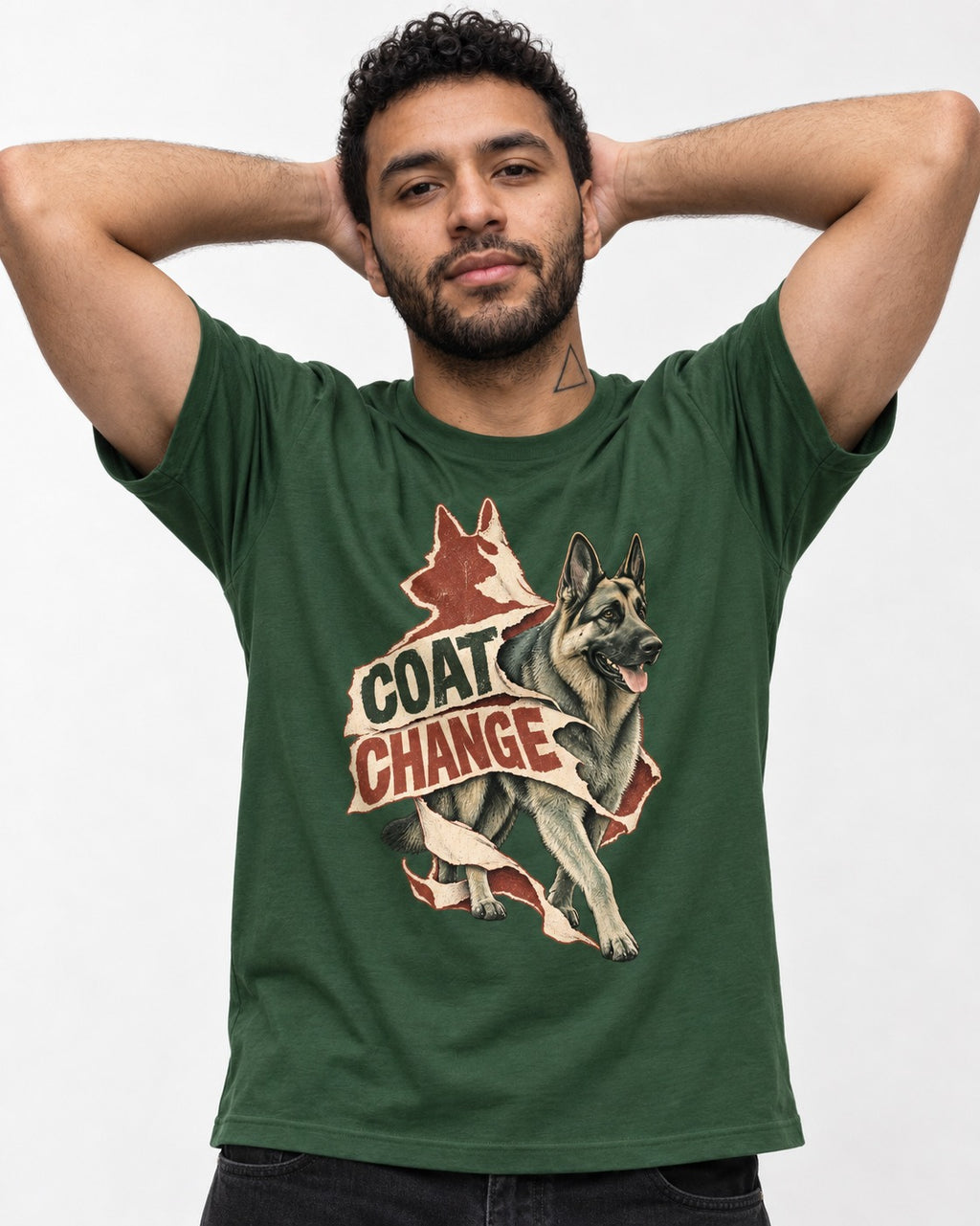 Coat Change Running German Shepherd Dog Ribbon Graphic T-Shirt in Forest Green, worn by a model