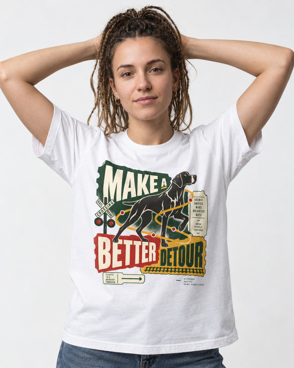 German Shorthaired Pointer Make a Better Detour Railroad Graphic T-Shirt in White, worn by a model