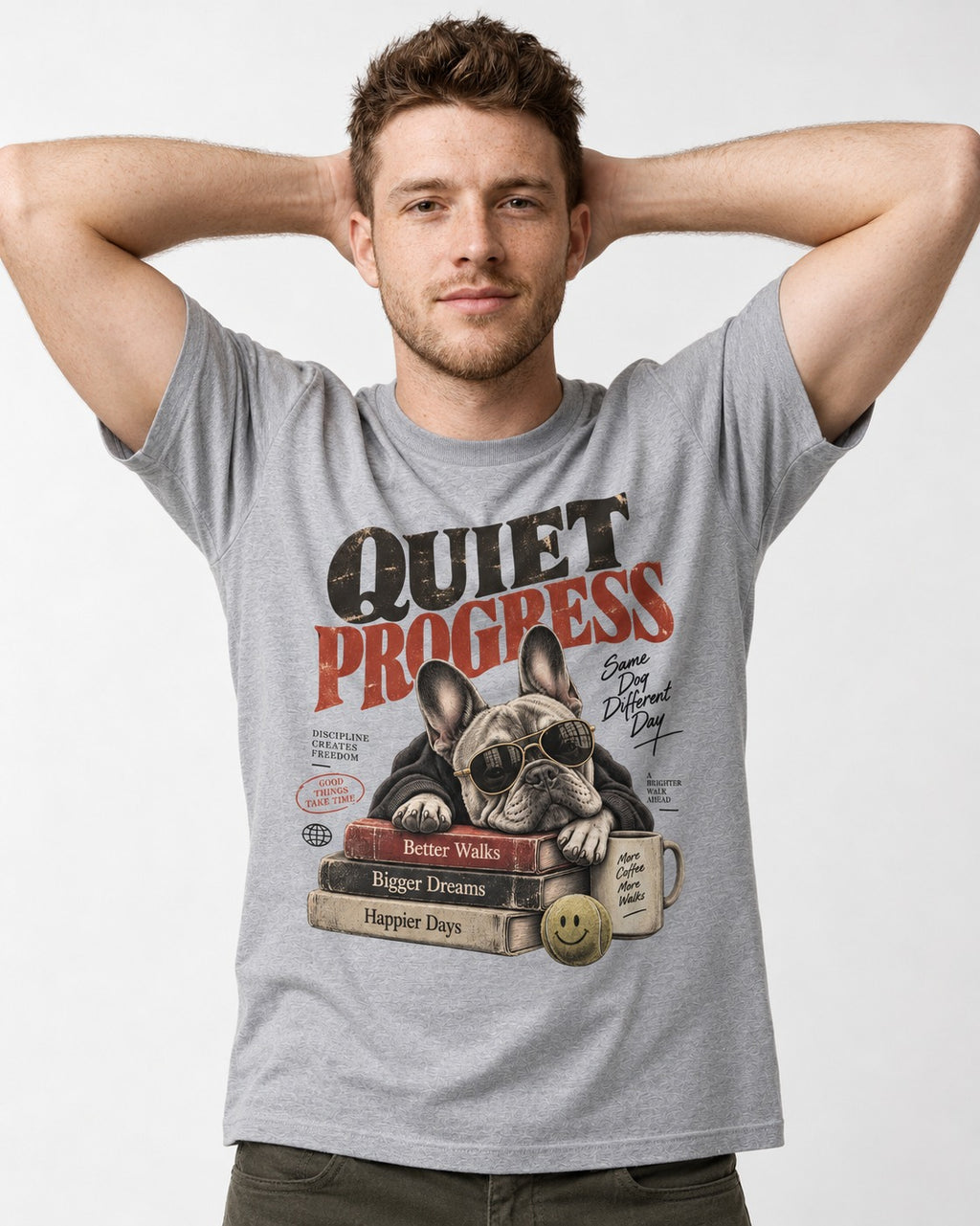 Quiet Progress Frenchie T-Shirt in Sport Grey, worn by a model