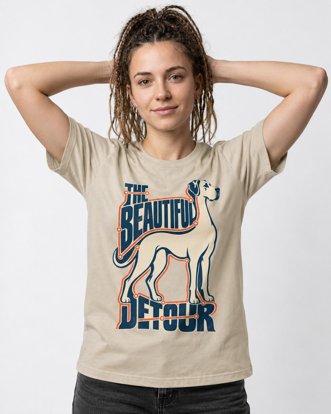 Great Dane's Beautiful Detour T-Shirt in Sand, worn by a model