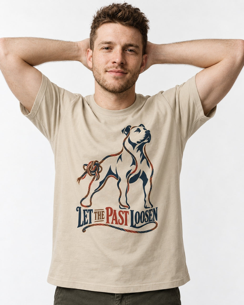 Pitbull Let the Past Loosen T-Shirt in Sand, worn by a model