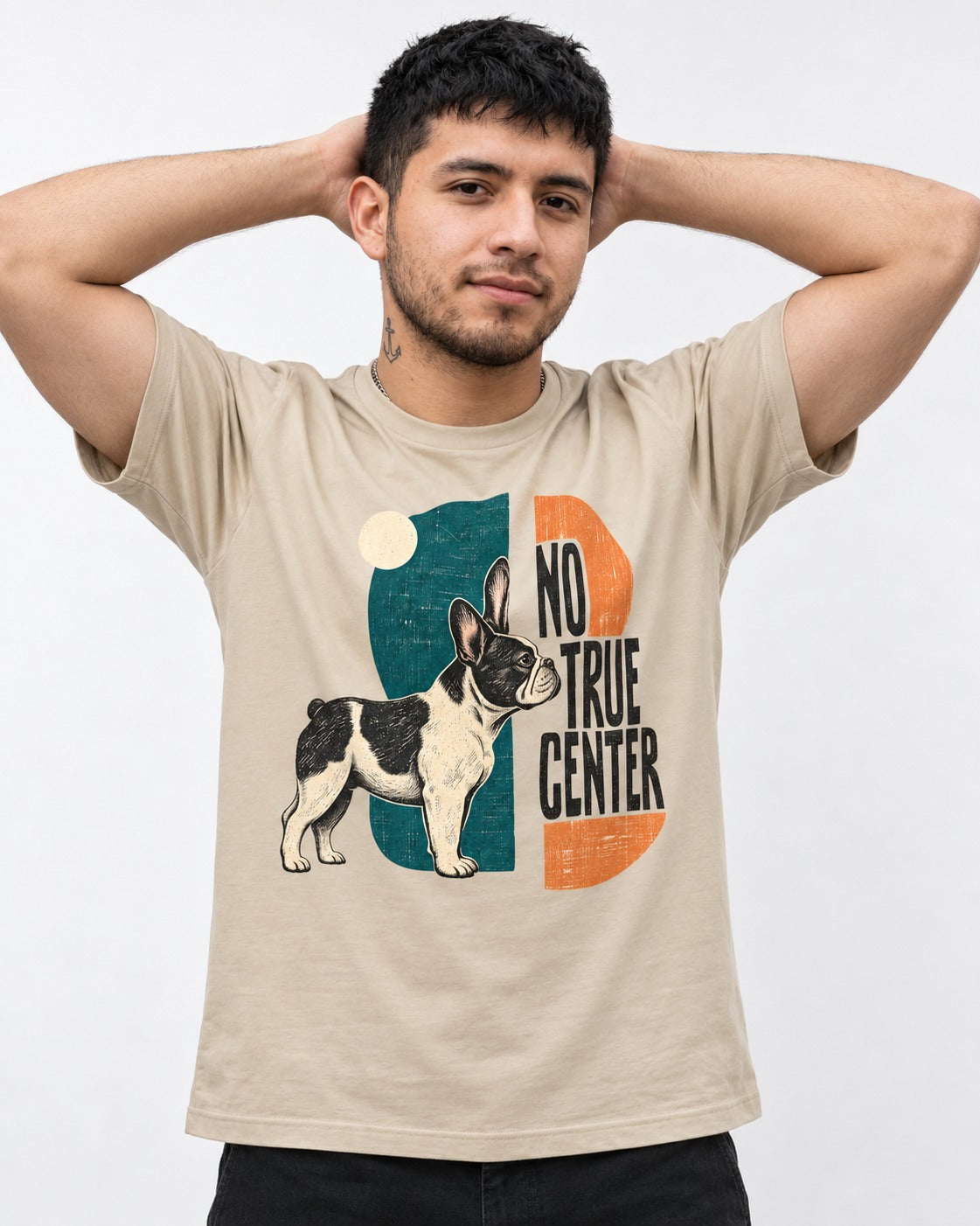 No True Center Frenchie T-Shirt in Sand, worn by a model