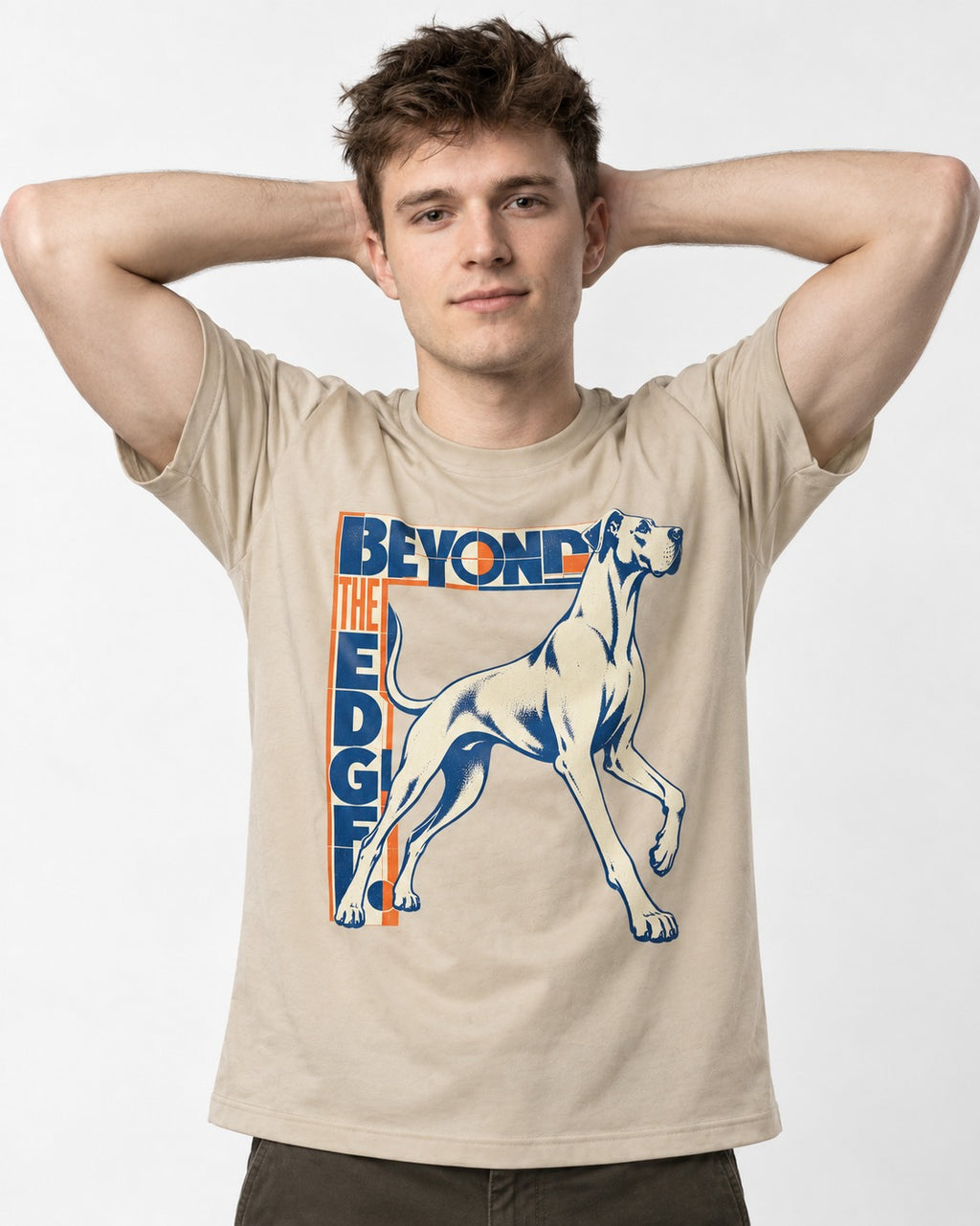 Great Dane Beyond the Edge T-Shirt in Sand, worn by a model