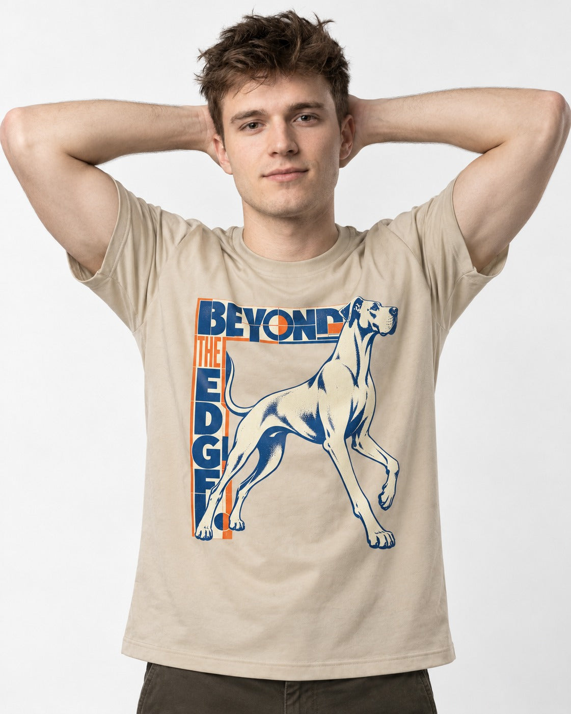Great Dane Beyond the Edge T-Shirt in Sand, worn by a model