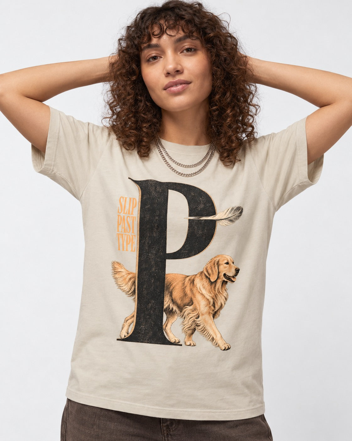 Golden Retriever Slip Past Type T-Shirt in Sand, worn by a model