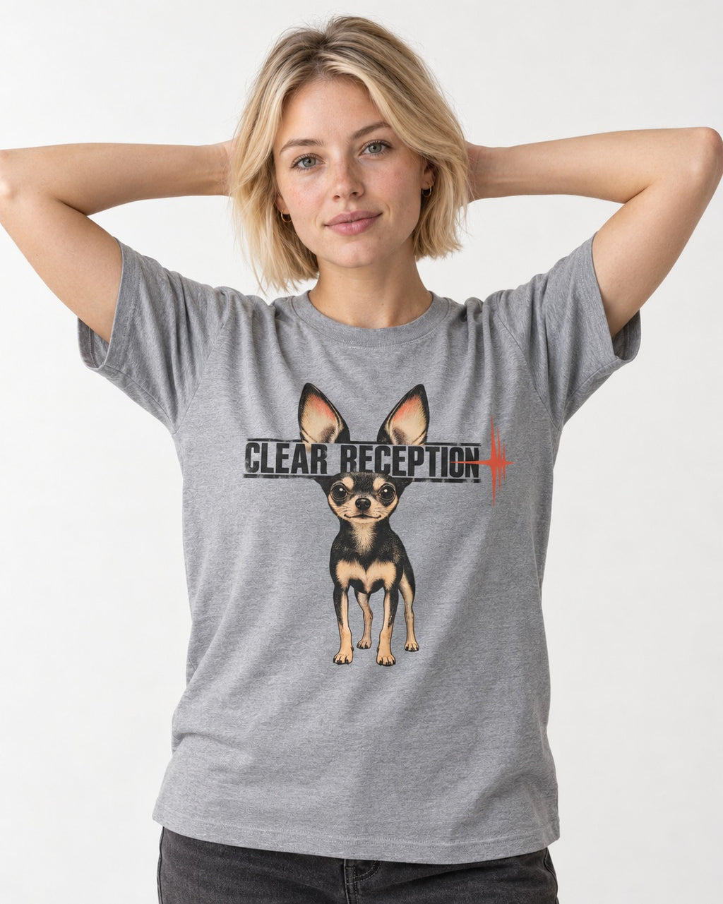 Chihuahua Clear Reception T-Shirt in Sport Grey, worn by a model