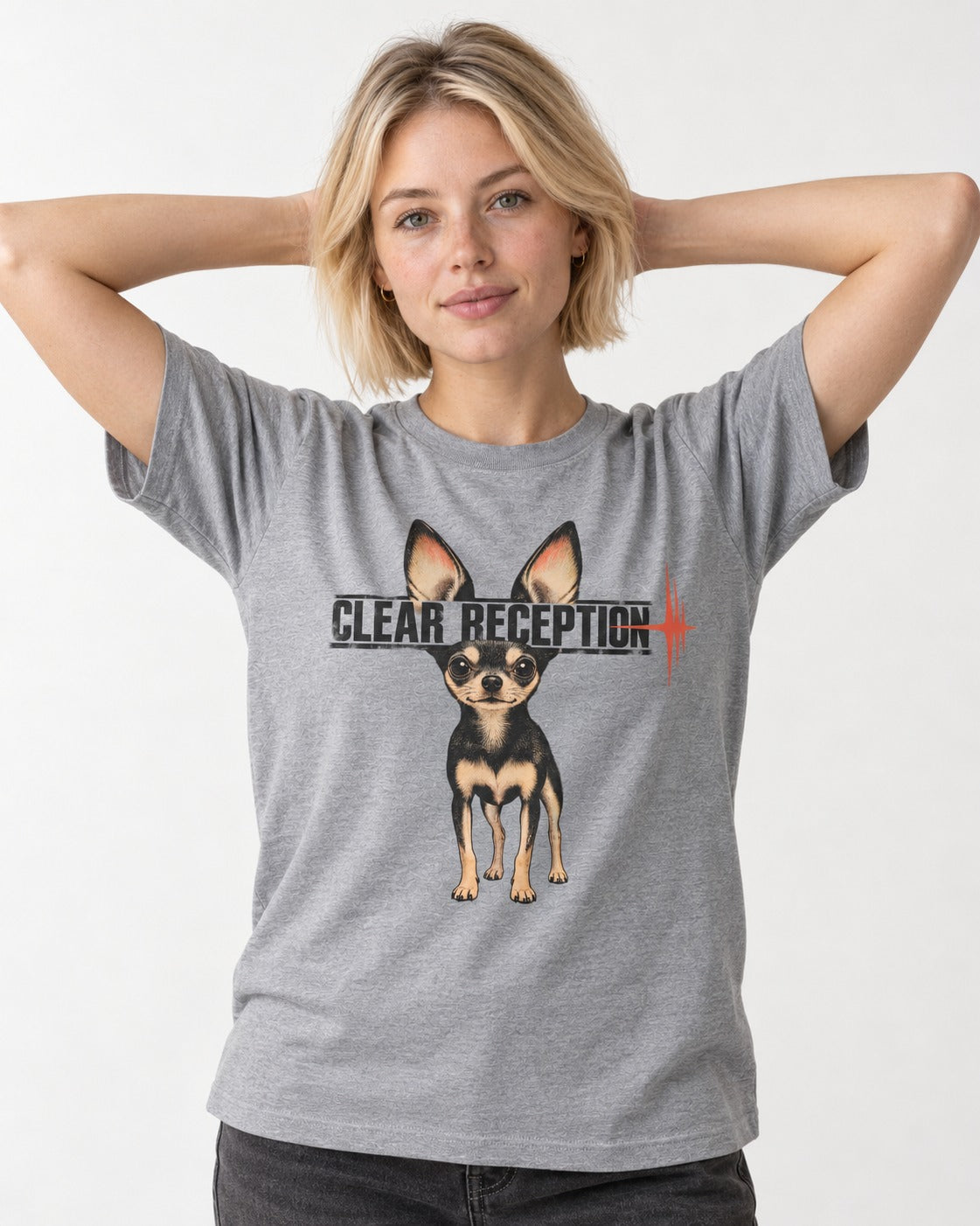 Chihuahua Clear Reception T-Shirt in Sport Grey, worn by a model