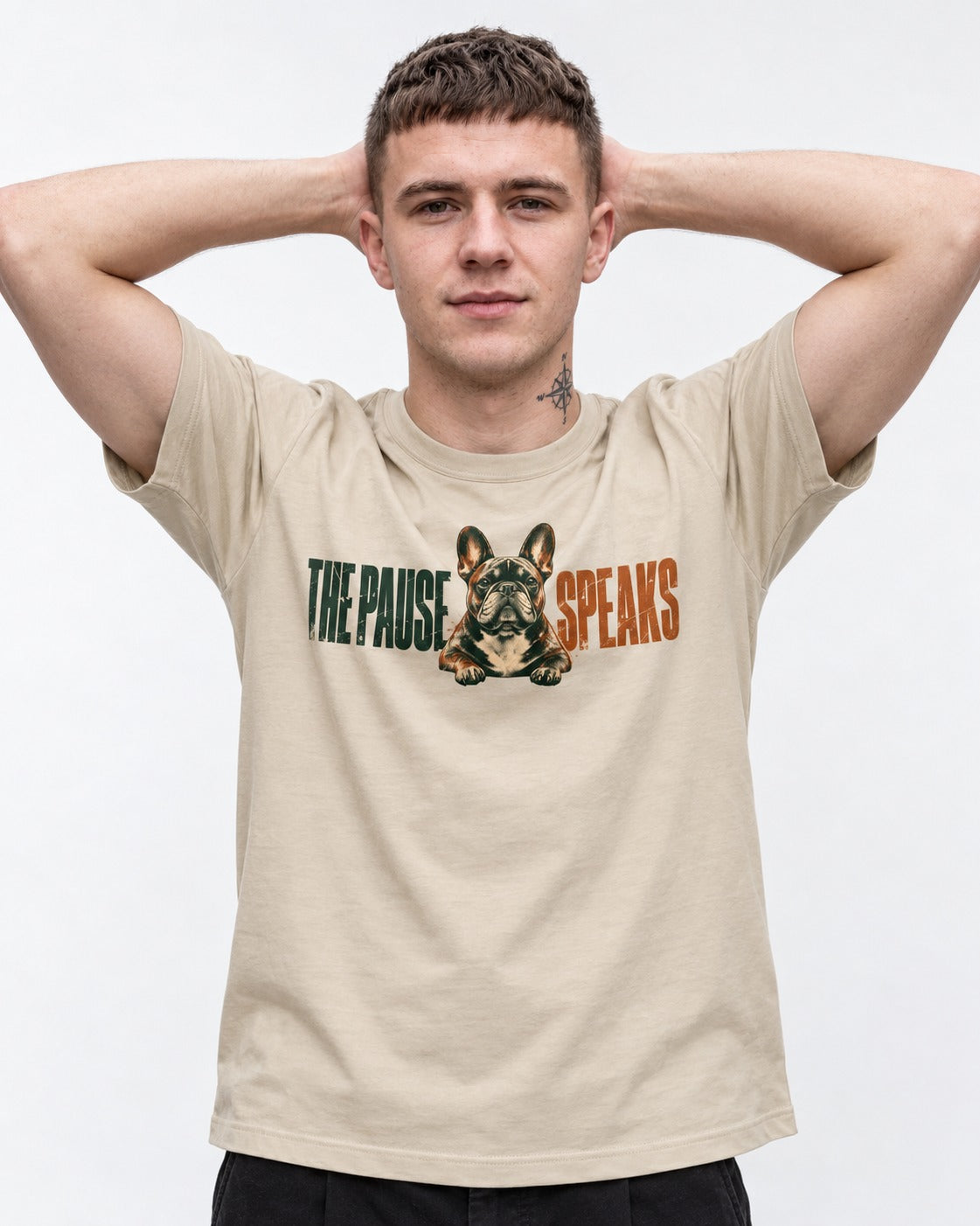 The Frenchie Pause Speaks T-Shirt in Sand, worn by a model