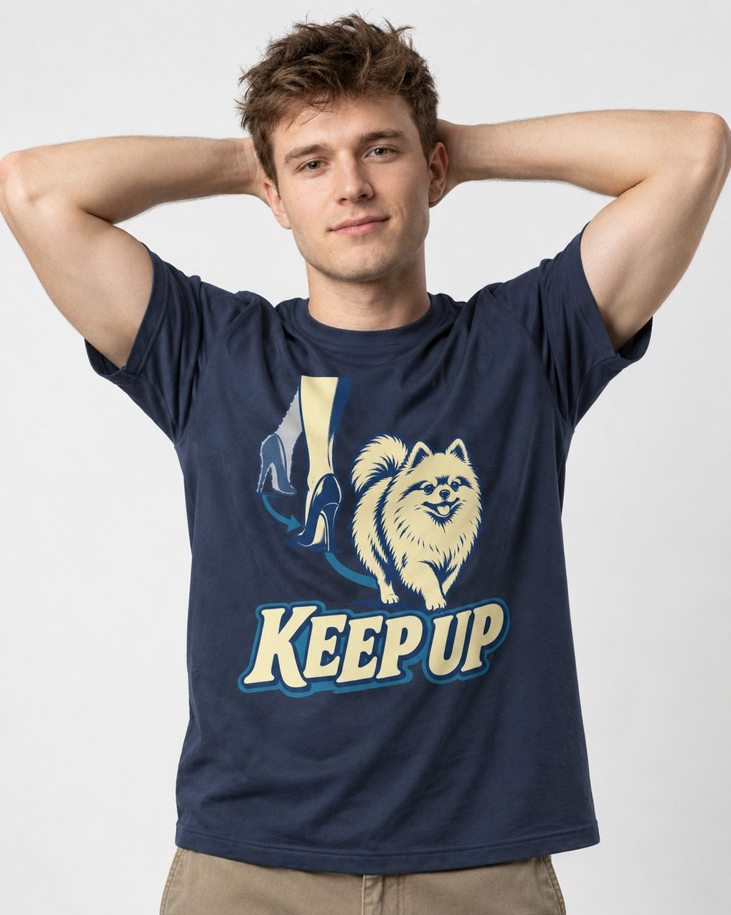 Pomeranian Keep Up High Heel Chase Graphic T-Shirt in Navy, worn by a model