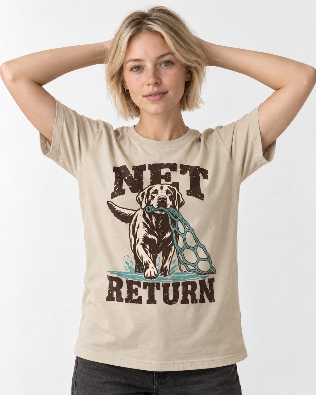 Net Return Labrador Retriever T-Shirt in Sand, worn by a model