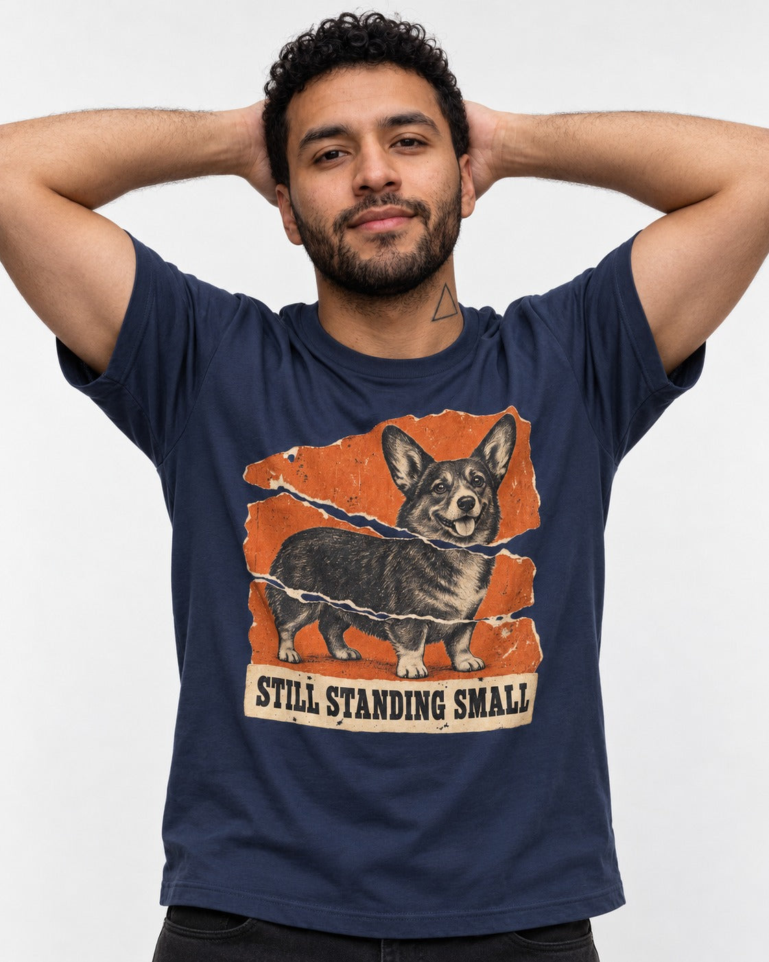 Corgi Still Standing Small Torn Poster T-Shirt in Navy, worn by a model