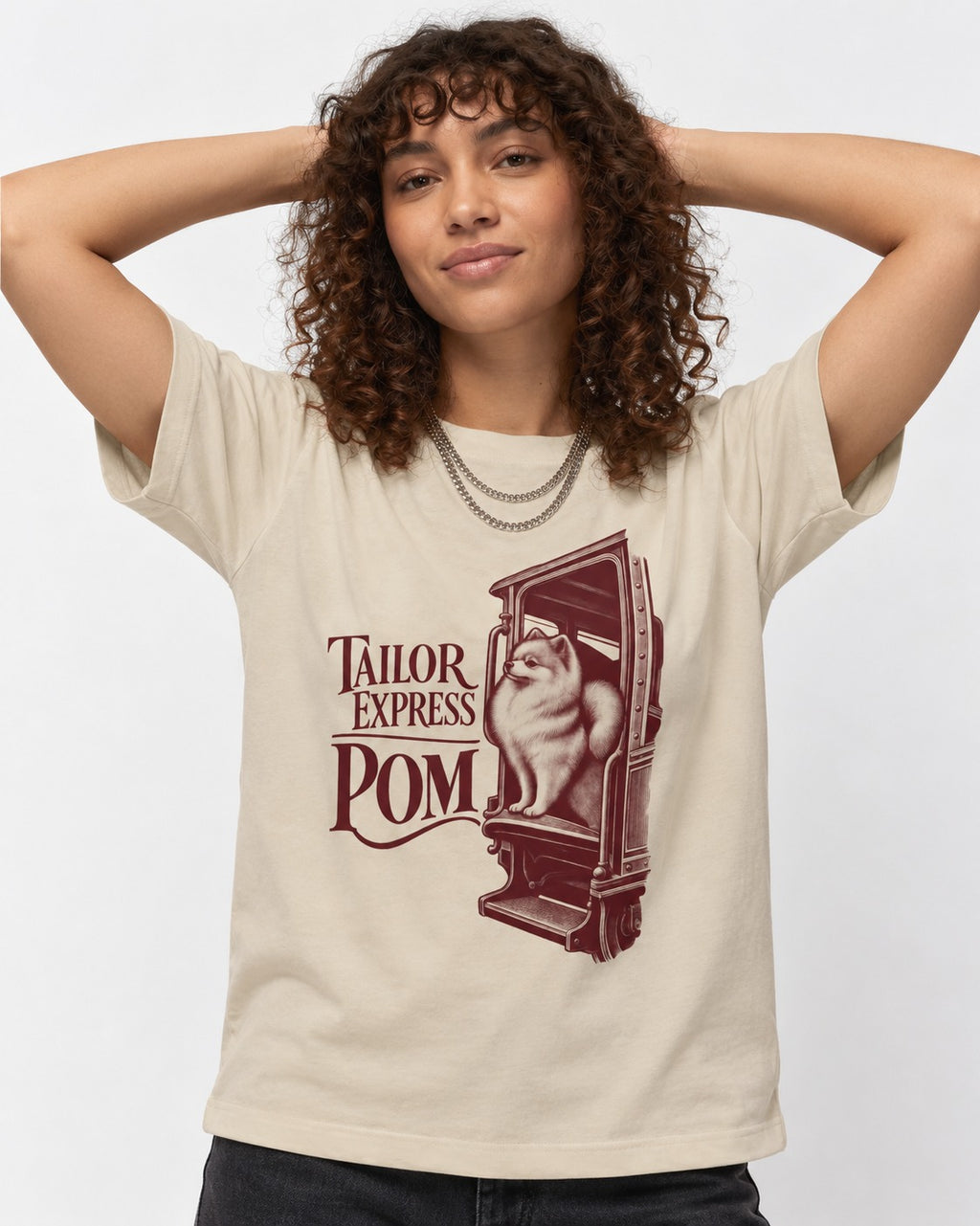 Pomeranian Express T-Shirt in Sand, worn by a model