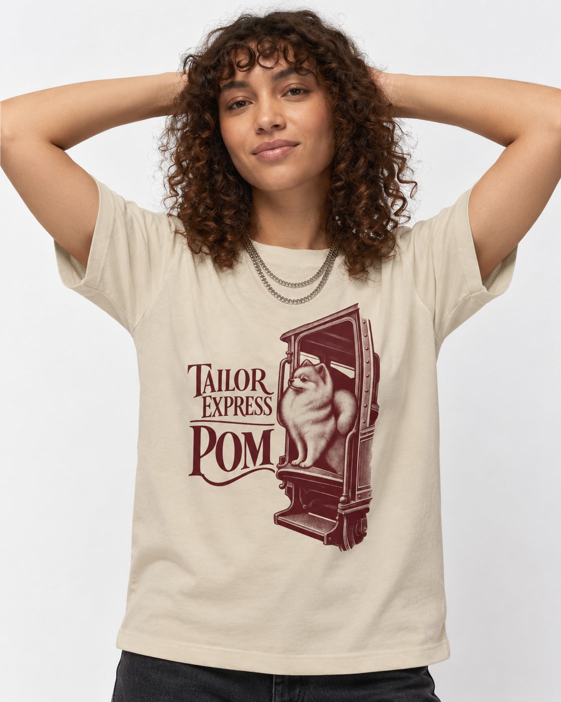 Pomeranian Express T-Shirt in Sand, worn by a model