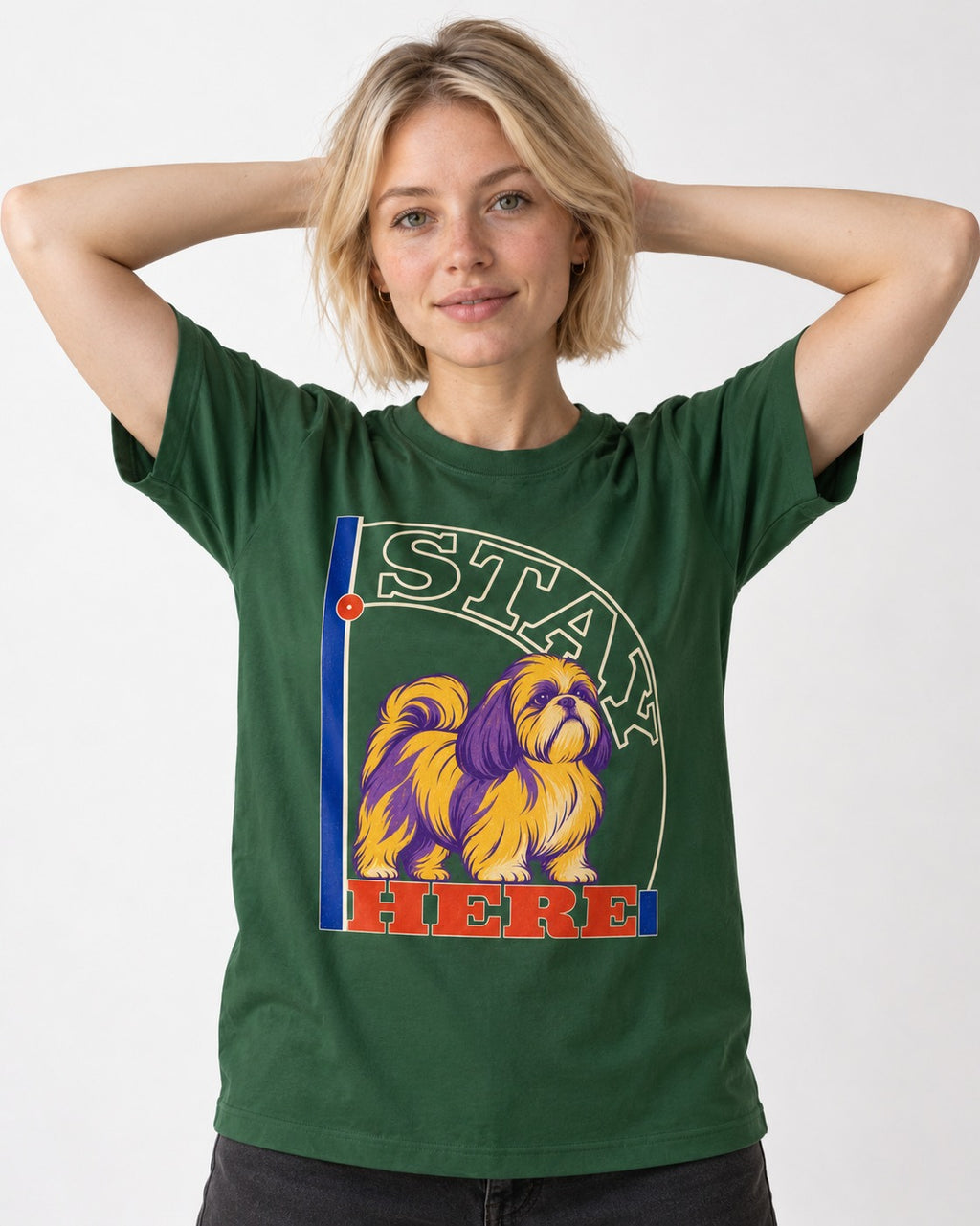 Shih Tzu Stay Here Semicircle Sign Graphic T-Shirt in Forest Green, worn by a model