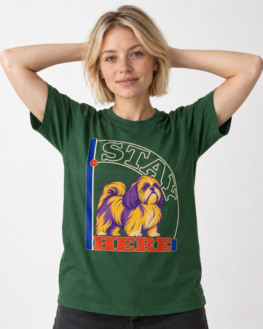 Shih Tzu Stay Here Semicircle Sign Graphic T-Shirt in Forest Green, worn by a model