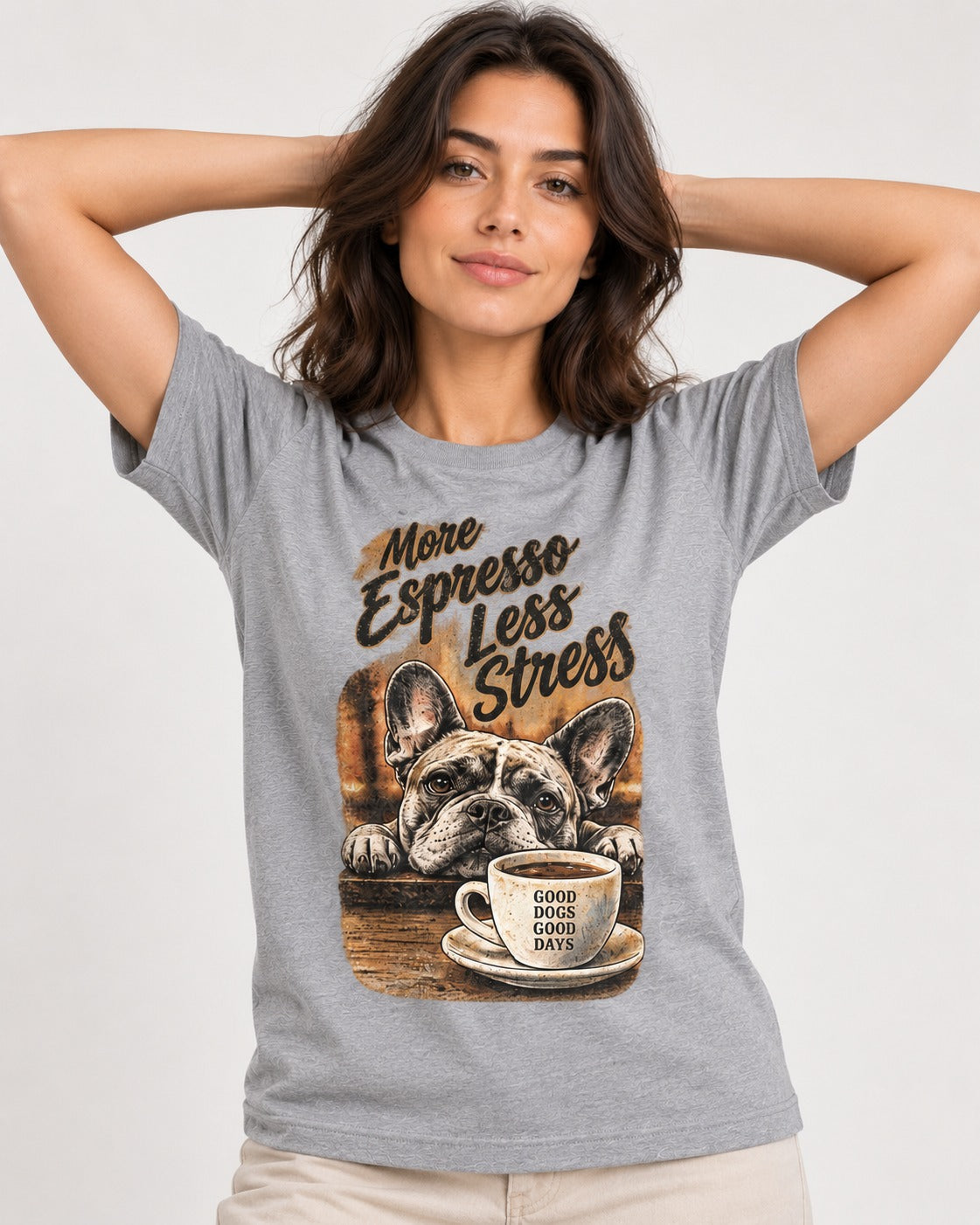 Frenchie More Espresso Less Stress T-Shirt in Sport Grey, worn by a model