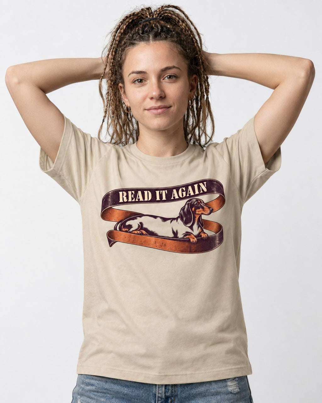 Read It Again Dachshund T-Shirt in Sand, worn by a model