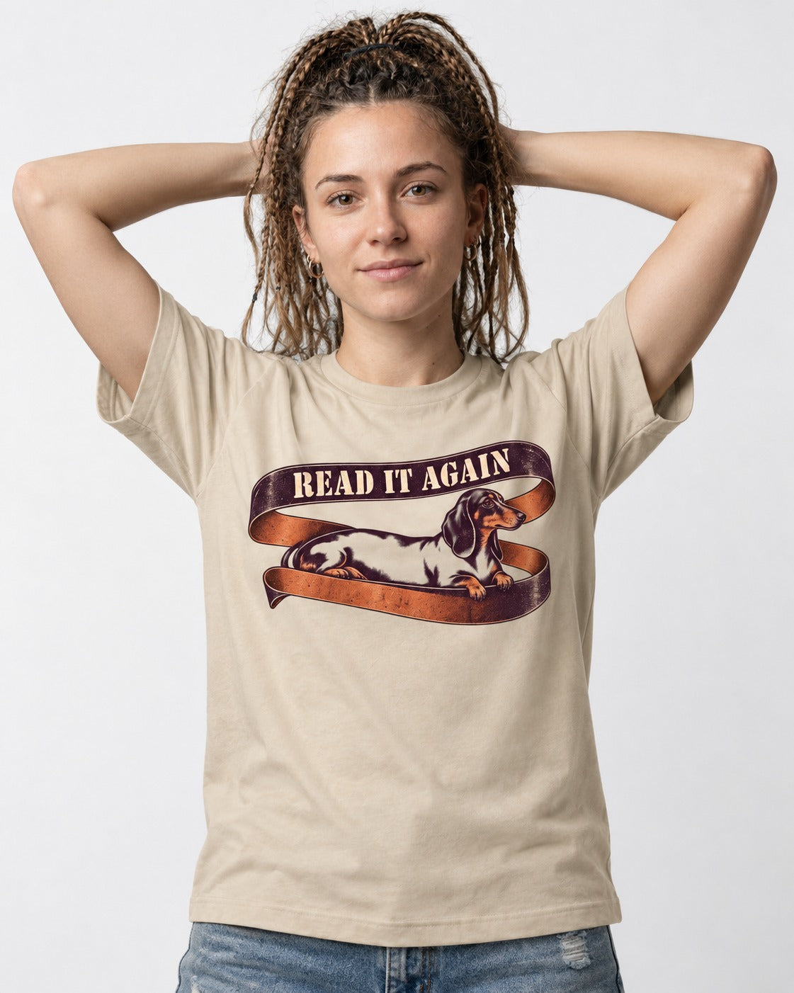 Read It Again Dachshund T-Shirt in Sand, worn by a model