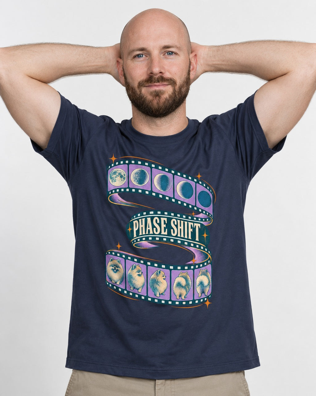 Pomeranian Phase Shift Filmstrip Graphic T-Shirt in Navy, worn by a model