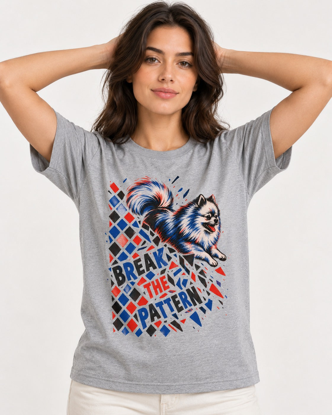 Pomeranian Break the Pattern T-Shirt in Sport Grey, worn by a model