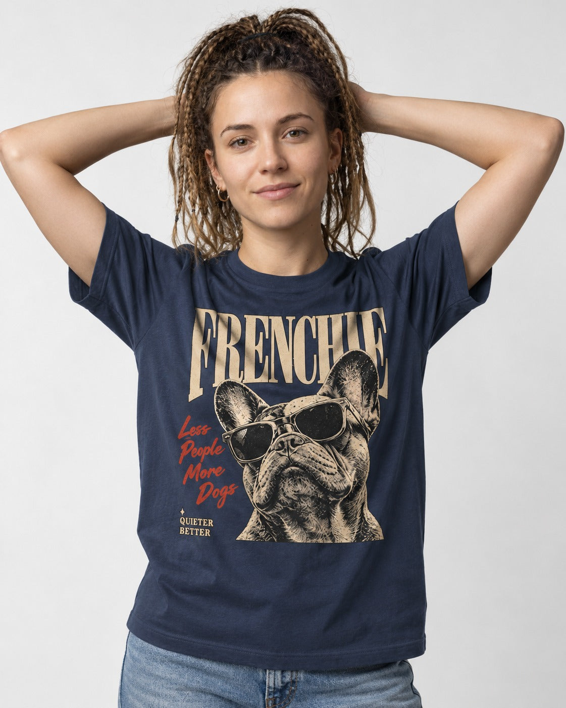Frenchie Less People More Dogs Sunglasses Graphic T-Shirt in Navy, worn by a model