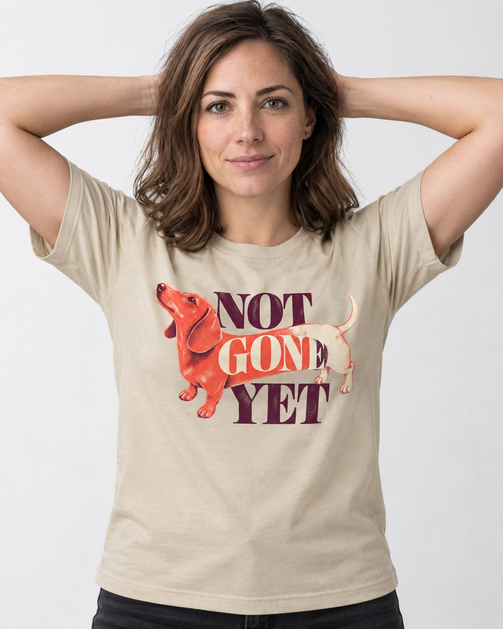 Dachshund Not Gone Yet T-Shirt in Sand, worn by a model