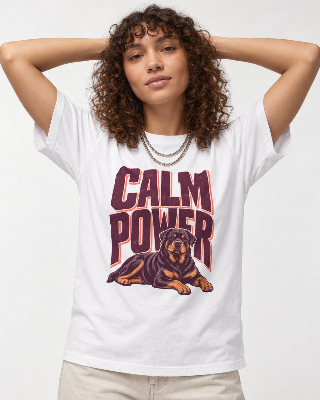 Rottweiler Calm Power Resting Dog Graphic T-Shirt in White, worn by a model