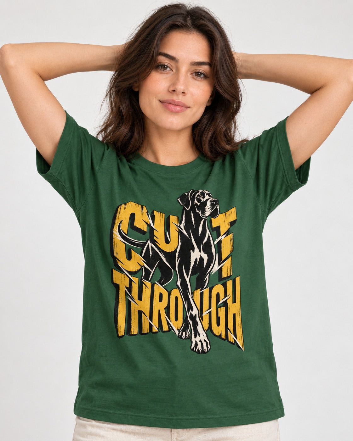 Great Dane Cut Through Breaking Type Graphic T-Shirt in Forest Green, worn by a model
