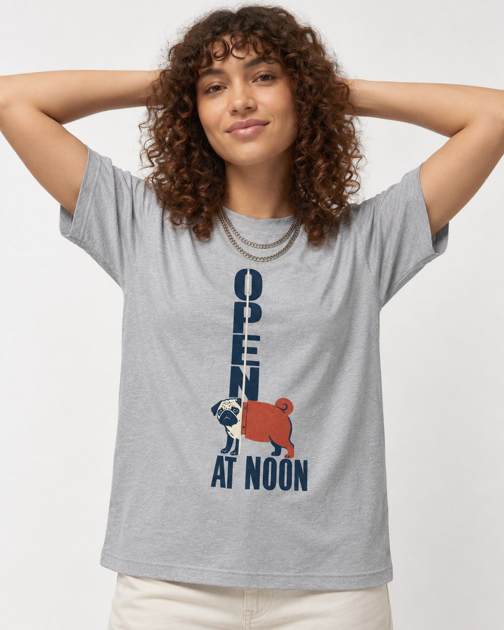 Pug Open at Noon T-Shirt in Sport Grey, worn by a model