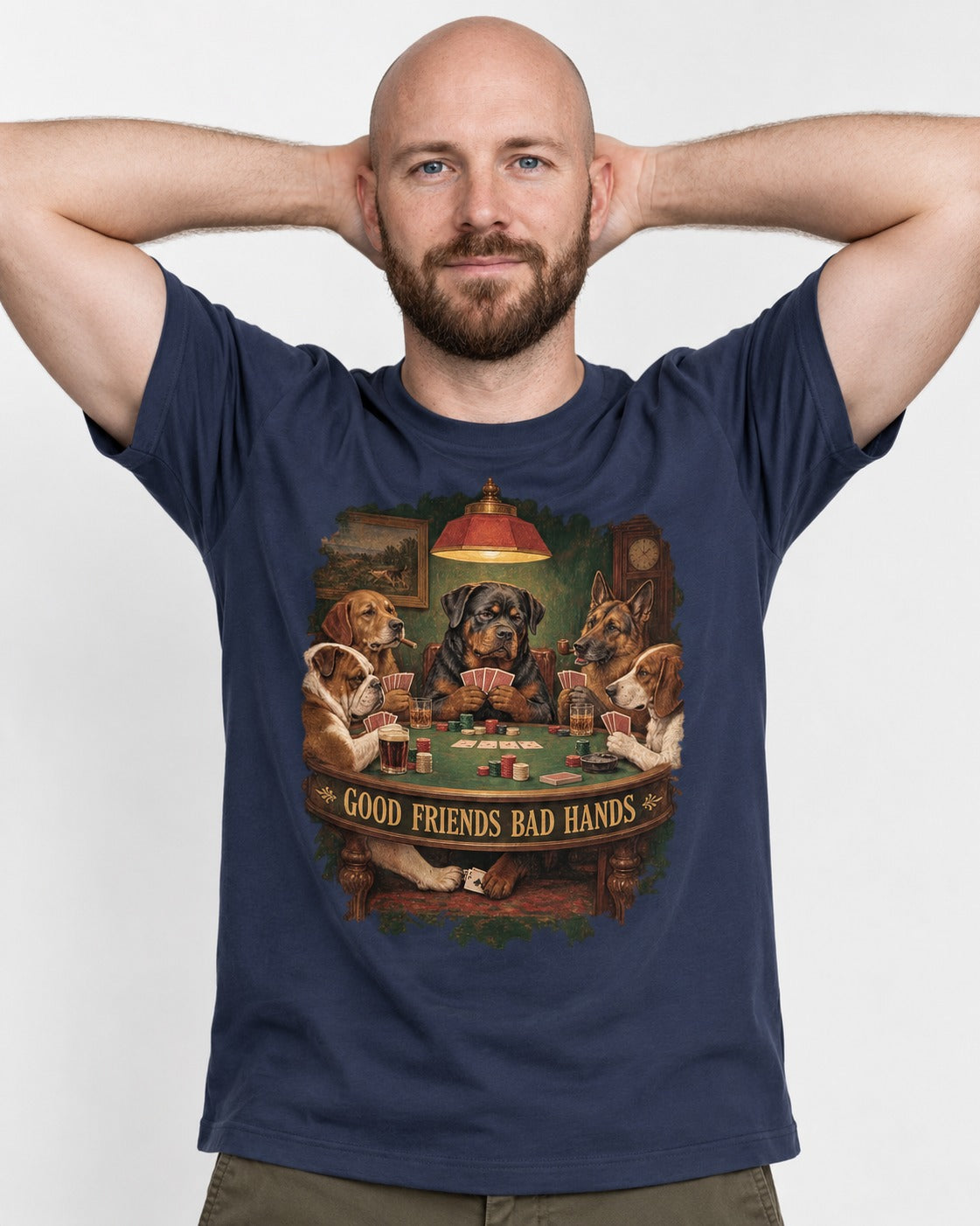 Rottweiler Good Friends Bad Hands Poker Night Graphic T-Shirt in Navy, worn by a model