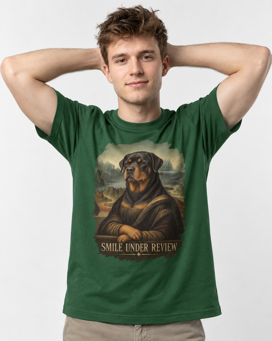 Rottweiler Smile Under Review Renaissance Portrait Graphic T-Shirt in Forest Green, worn by a model