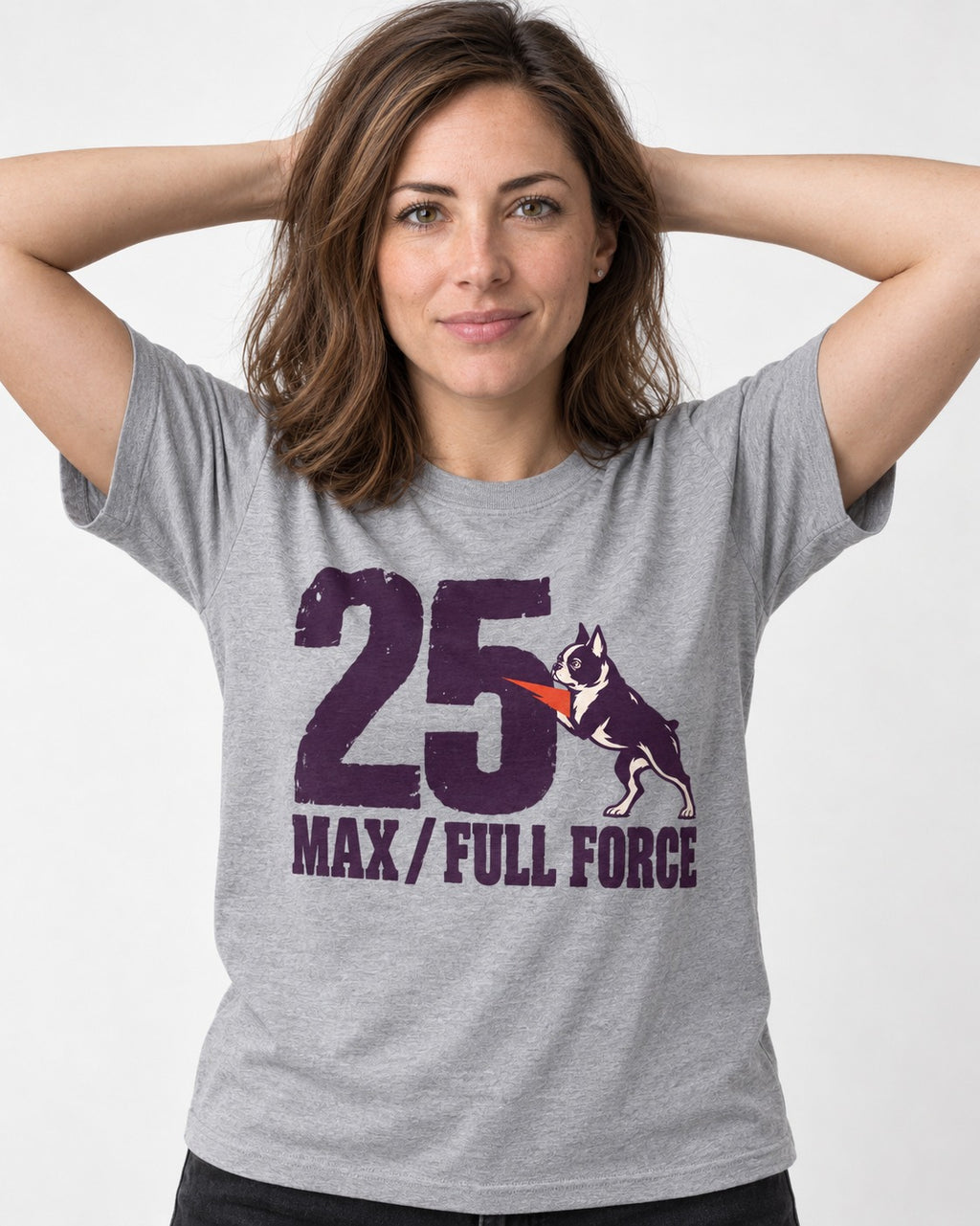 Boston Terrier Full Force T-Shirt in Sport Grey, worn by a model