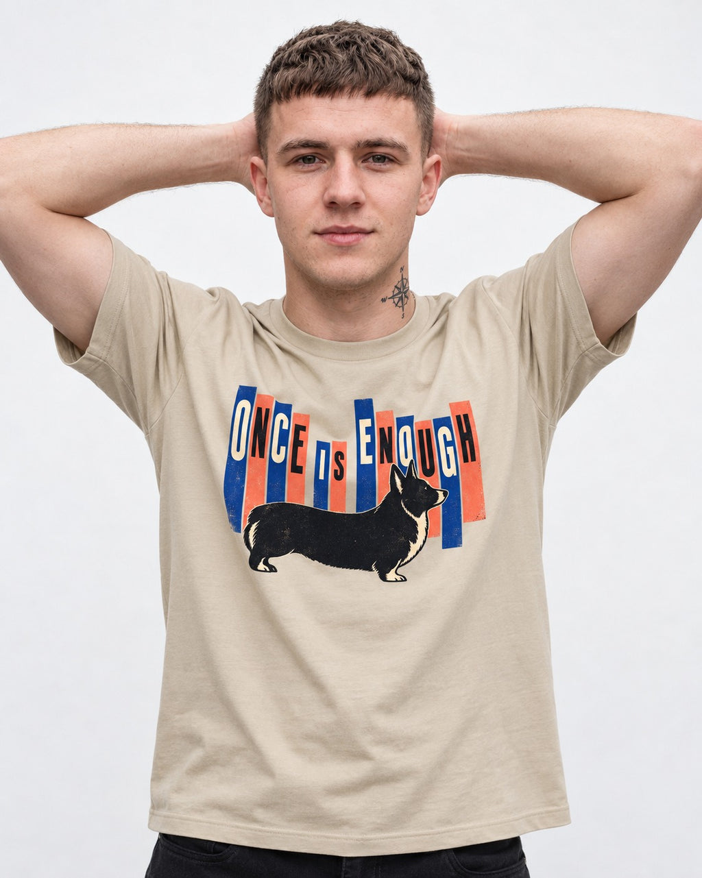 Corgi Once Is Enough T-Shirt in Sand, worn by a model