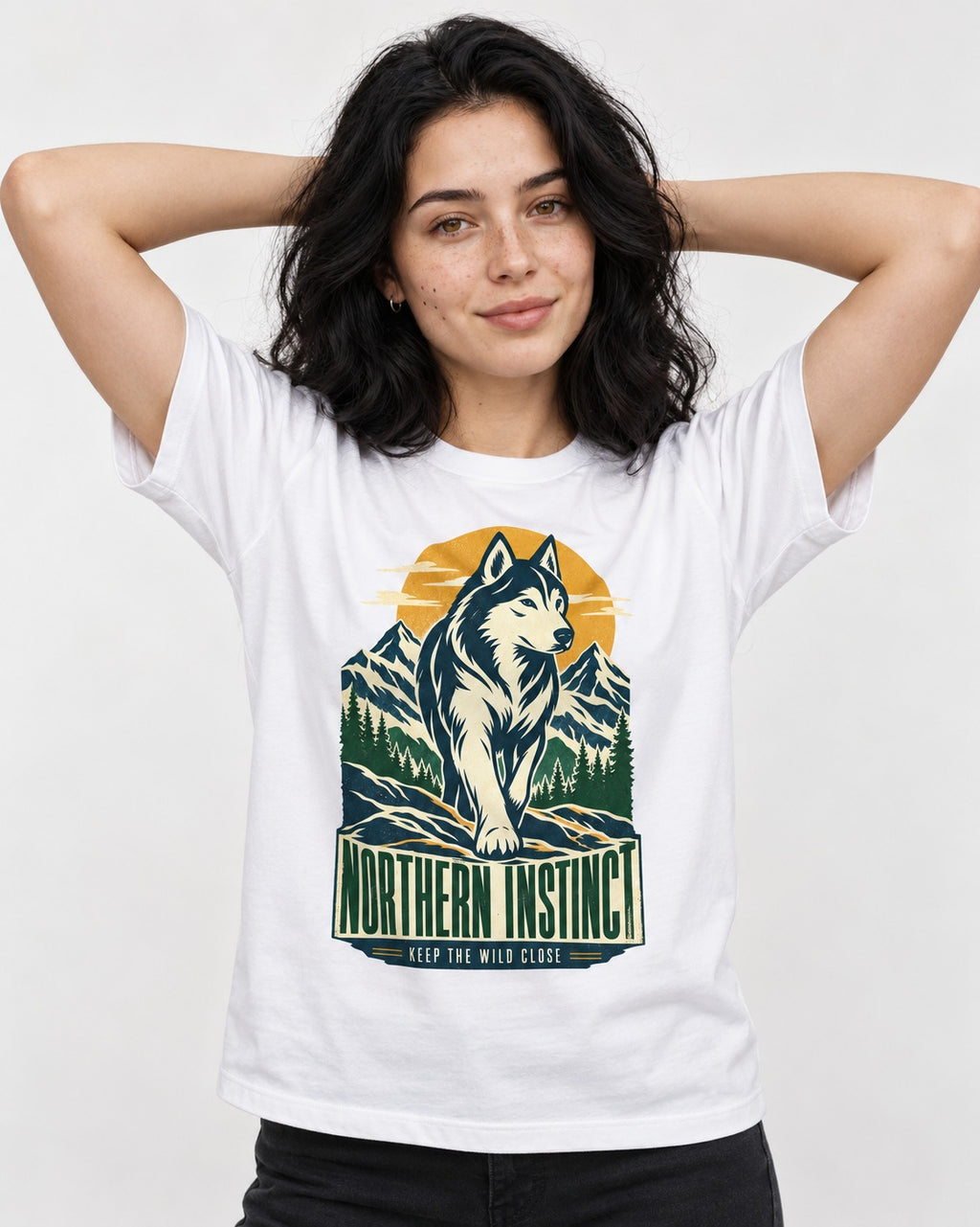 Husky Northern Instinct Mountain Sentinel T-Shirt in White, worn by a model