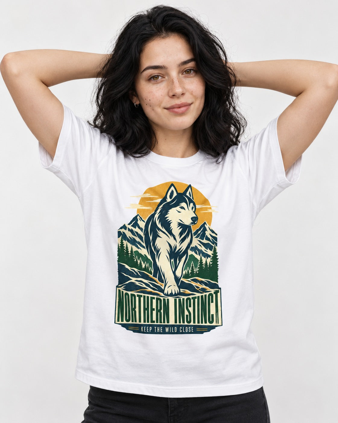 Husky Northern Instinct Mountain Sentinel T-Shirt in White, worn by a model
